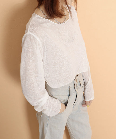 シアートップス 透け感 韓国風カジュアル 長袖カットソー レディース 肌見せ クルーネックプルオーバー 薄手 無地Tシャツ 重ね着 レイヤード 日焼け対策 軽い 89CXN-041