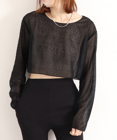 シアートップス 透け感 韓国風カジュアル 長袖カットソー レディース 肌見せ クルーネックプルオーバー 薄手 無地Tシャツ 重ね着 レイヤード 日焼け対策 軽い 89CXN-041