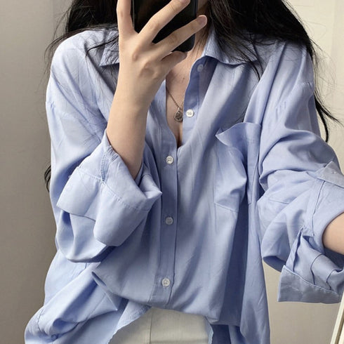 ブラウス トップス 長袖 レディース 春 ワイドシャツ カーディガン シャツブラウス 胸ポケット付き オーバー ボタン ゆったり シルエット 89DIELV-003