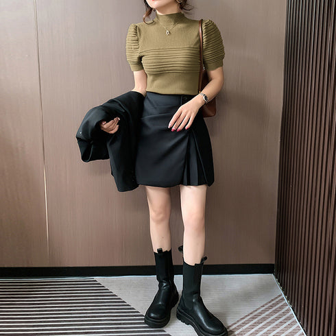 サマーニット レディーストップス薄手半袖 パフスリーブ ハイネックニットトップス 無地 韓国風 春秋夏 フェミニン ニットソー セクシー きれいめ フィット感 89DWEI-004