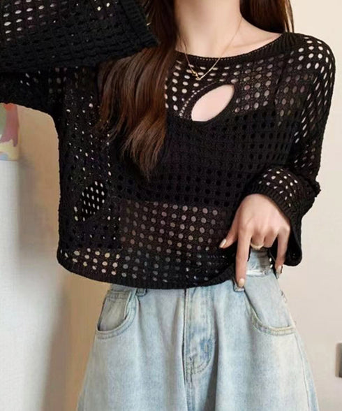 メッシュ編み サマーニット レディース夏 シアーニット 長袖プルオーバー メッシュニット ニットブラウス 重ね着 穴あき加工ニット 肌見せ透け感 ショート丈 89DWEI-005