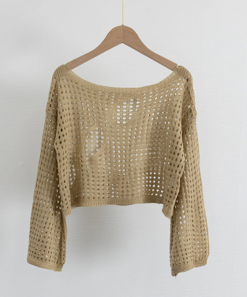 メッシュ編み サマーニット レディース夏 シアーニット 長袖プルオーバー メッシュニット ニットブラウス 重ね着 穴あき加工ニット 肌見せ透け感 ショート丈 89DWEI-005