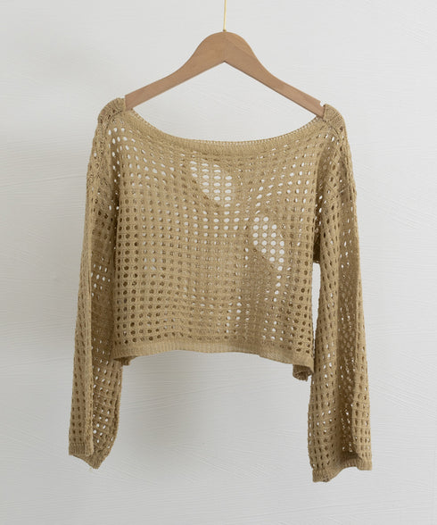 メッシュ編み サマーニット レディース夏 シアーニット 長袖プルオーバー メッシュニット ニットブラウス 重ね着 穴あき加工ニット 肌見せ透け感 ショート丈 89DWEI-005