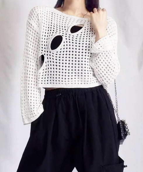 メッシュ編み サマーニット レディース夏 シアーニット 長袖プルオーバー メッシュニット ニットブラウス 重ね着 穴あき加工ニット 肌見せ透け感 ショート丈 89DWEI-005