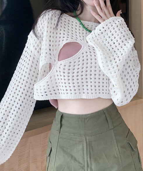 メッシュ編み サマーニット レディース夏 シアーニット 長袖プルオーバー メッシュニット ニットブラウス 重ね着 穴あき加工ニット 肌見せ透け感 ショート丈 89DWEI-005