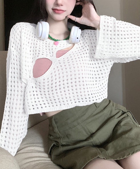 メッシュ編み サマーニット レディース夏 シアーニット 長袖プルオーバー メッシュニット ニットブラウス 重ね着 穴あき加工ニット 肌見せ透け感 ショート丈 89DWEI-005