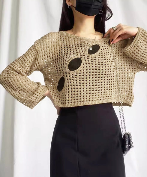 メッシュ編み サマーニット レディース夏 シアーニット 長袖プルオーバー メッシュニット ニットブラウス 重ね着 穴あき加工ニット 肌見せ透け感 ショート丈 89DWEI-005