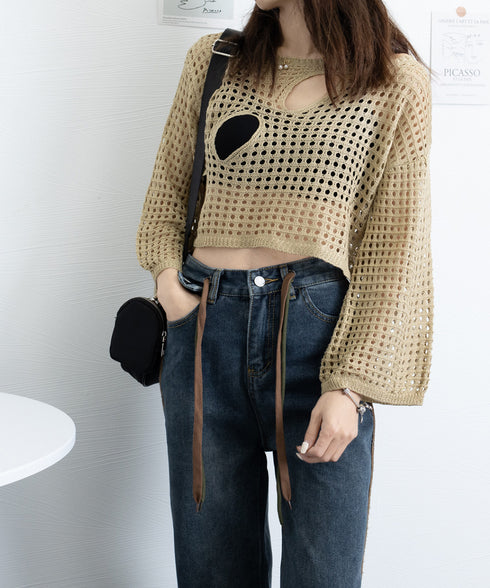 メッシュ編み サマーニット レディース夏 シアーニット 長袖プルオーバー メッシュニット ニットブラウス 重ね着 穴あき加工ニット 肌見せ透け感 ショート丈 89DWEI-005