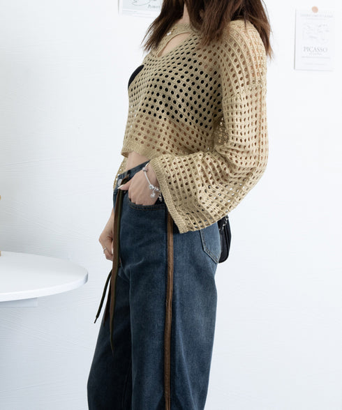 メッシュ編み サマーニット レディース夏 シアーニット 長袖プルオーバー メッシュニット ニットブラウス 重ね着 穴あき加工ニット 肌見せ透け感 ショート丈 89DWEI-005