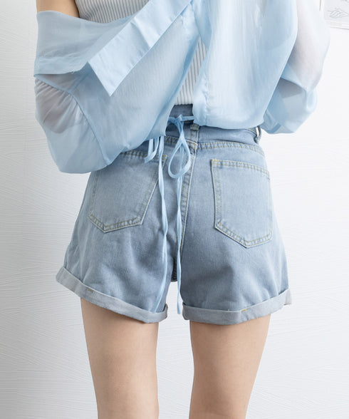 デニムショートパンツレディース美脚短パン ロールアップホットパンツ Aラインハイウエスト カジュアルジーンズ ショートジーンズ アシンメトリーデニム 89DWEI-006