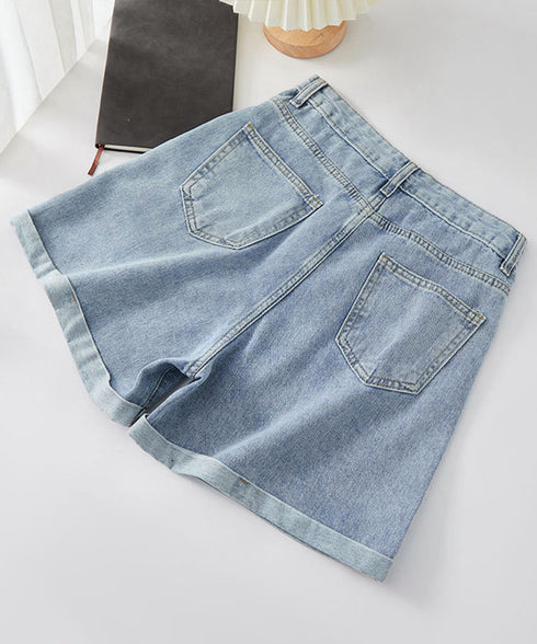 デニムショートパンツレディース美脚短パン ロールアップホットパンツ Aラインハイウエスト カジュアルジーンズ ショートジーンズ アシンメトリーデニム 89DWEI-006