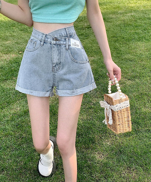 デニムショートパンツレディース美脚短パン ロールアップホットパンツ Aラインハイウエスト カジュアルジーンズ ショートジーンズ アシンメトリーデニム 89DWEI-006
