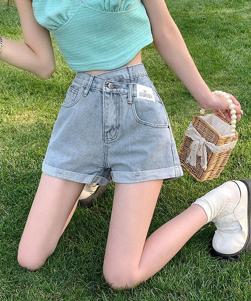 デニムショートパンツレディース美脚短パン ロールアップホットパンツ Aラインハイウエスト カジュアルジーンズ ショートジーンズ アシンメトリーデニム 89DWEI-006