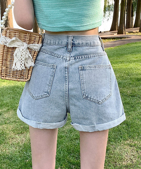 デニムショートパンツレディース美脚短パン ロールアップホットパンツ Aラインハイウエスト カジュアルジーンズ ショートジーンズ アシンメトリーデニム 89DWEI-006