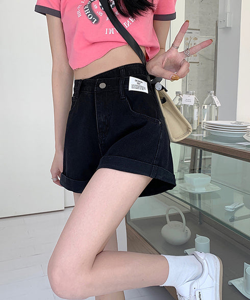 デニムショートパンツレディース美脚短パン ロールアップホットパンツ Aラインハイウエスト カジュアルジーンズ ショートジーンズ アシンメトリーデニム 89DWEI-006