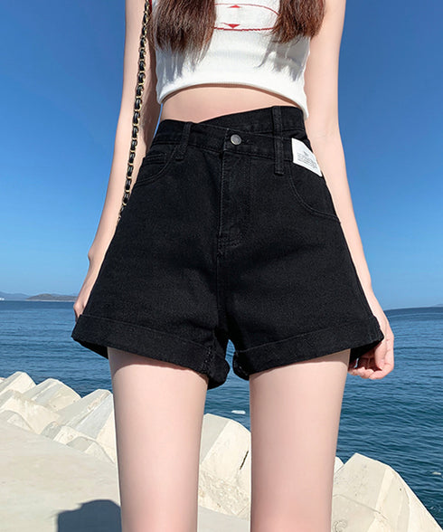 デニムショートパンツレディース美脚短パン ロールアップホットパンツ Aラインハイウエスト カジュアルジーンズ ショートジーンズ アシンメトリーデニム 89DWEI-006