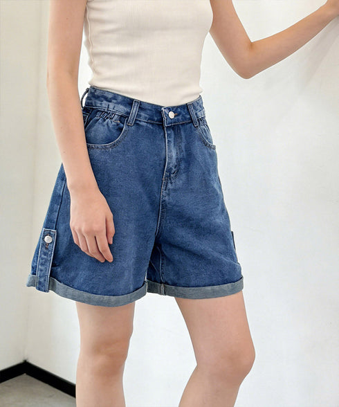 ロールアップ デニムショートパンツ 美脚 デニムパンツ ハイウエスト レディース 短パン ワイドシルエット 体型カバー 半ズボン 大人カジュアル 脚長ジーンズ春夏 89DWEI-009