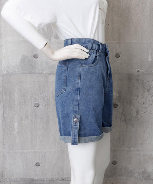 ロールアップ デニムショートパンツ 美脚 デニムパンツ ハイウエスト レディース 短パン ワイドシルエット 体型カバー 半ズボン 大人カジュアル 脚長ジーンズ春夏 89DWEI-009