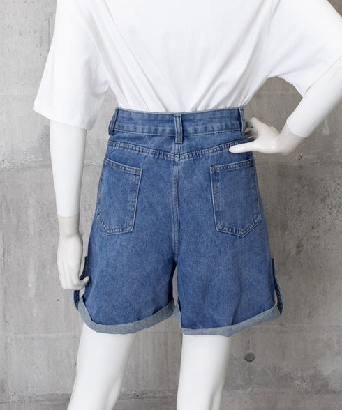 ロールアップ デニムショートパンツ 美脚 デニムパンツ ハイウエスト レディース 短パン ワイドシルエット 体型カバー 半ズボン 大人カジュアル 脚長ジーンズ春夏 89DWEI-009