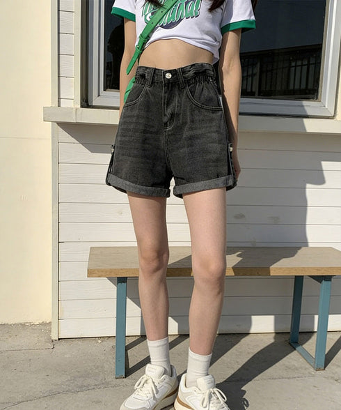 ロールアップ デニムショートパンツ 美脚 デニムパンツ ハイウエスト レディース 短パン ワイドシルエット 体型カバー 半ズボン 大人カジュアル 脚長ジーンズ春夏 89DWEI-009