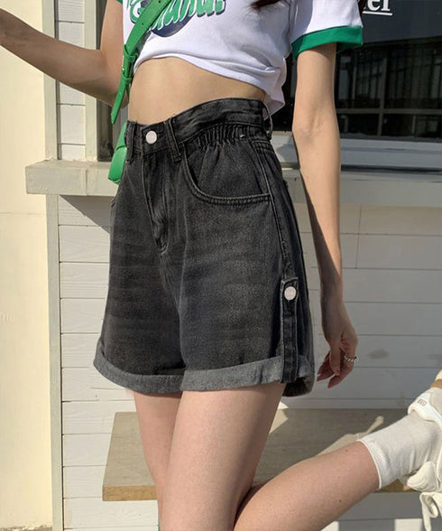 ロールアップ デニムショートパンツ 美脚 デニムパンツ ハイウエスト レディース 短パン ワイドシルエット 体型カバー 半ズボン 大人カジュアル 脚長ジーンズ春夏 89DWEI-009