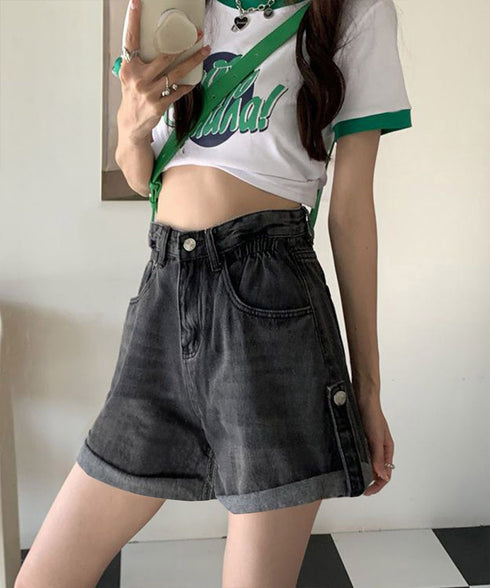 ロールアップ デニムショートパンツ 美脚 デニムパンツ ハイウエスト レディース 短パン ワイドシルエット 体型カバー 半ズボン 大人カジュアル 脚長ジーンズ春夏 89DWEI-009
