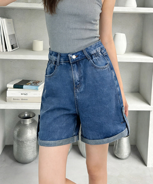 ロールアップ デニムショートパンツ 美脚 デニムパンツ ハイウエスト レディース 短パン ワイドシルエット 体型カバー 半ズボン 大人カジュアル 脚長ジーンズ春夏 89DWEI-009