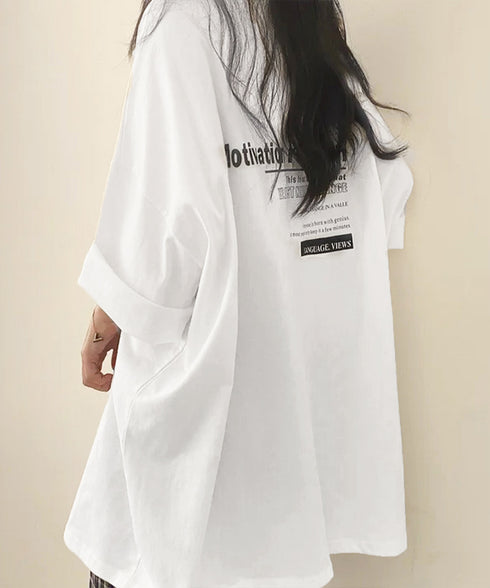 オーバーサイズ 英文字ロゴ 半袖Tシャツ レディース ビッグTシャツ プリントTシャツ カットソーユニセックス 夏t 韓国風チュニックロンT ゆったり黒白tシャツ 89EKDZ-001