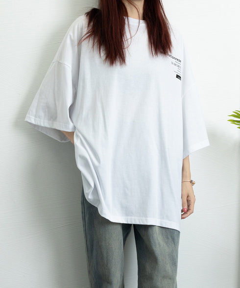 オーバーサイズ 英文字ロゴ 半袖Tシャツ レディース ビッグTシャツ プリントTシャツ カットソーユニセックス 夏t 韓国風チュニックロンT ゆったり黒白tシャツ 89EKDZ-001