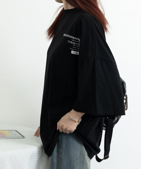 オーバーサイズ 英文字ロゴ 半袖Tシャツ レディース ビッグTシャツ プリントTシャツ カットソーユニセックス 夏t 韓国風チュニックロンT ゆったり黒白tシャツ 89EKDZ-001