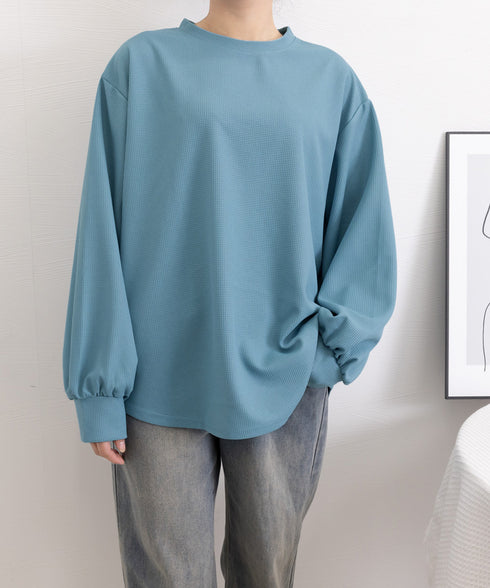 トレーナーレディーススウェットシャツ薄手 パフスリーブ 無地 トップス おしゃれ長袖プルオーバー 体型カバーカットソー ゆったり春秋服オルチャン ワッフル生地 89EKDZ-004