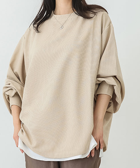 トレーナーレディーススウェットシャツ薄手 パフスリーブ 無地 トップス おしゃれ長袖プルオーバー 体型カバーカットソー ゆったり春秋服オルチャン ワッフル生地 89EKDZ-004