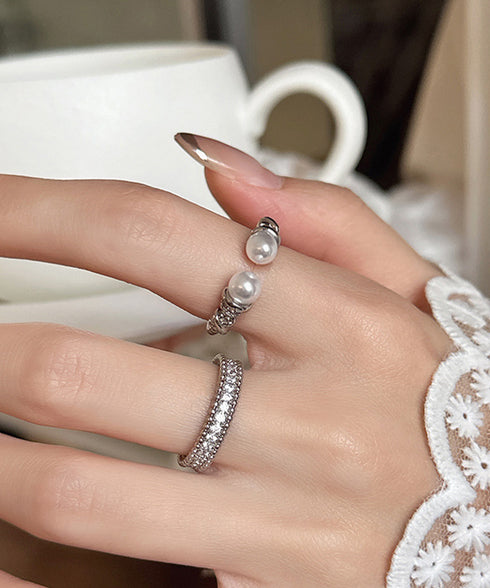オープンリングセット フェイクパール指輪 重ね付けリング レディース プチプラジュエリー 結婚式 キラキラ お洒落アクセサリー 2点セット 韓国風リングプレゼント 89HANSHA-001