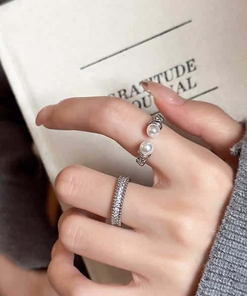 オープンリングセット フェイクパール指輪 重ね付けリング レディース プチプラジュエリー 結婚式 キラキラ お洒落アクセサリー 2点セット 韓国風リングプレゼント 89HANSHA-001