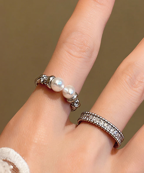 オープンリングセット フェイクパール指輪 重ね付けリング レディース プチプラジュエリー 結婚式 キラキラ お洒落アクセサリー 2点セット 韓国風リングプレゼント 89HANSHA-001