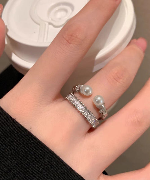 オープンリングセット フェイクパール指輪 重ね付けリング レディース プチプラジュエリー 結婚式 キラキラ お洒落アクセサリー 2点セット 韓国風リングプレゼント 89HANSHA-001