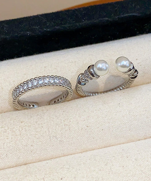 オープンリングセット フェイクパール指輪 重ね付けリング レディース プチプラジュエリー 結婚式 キラキラ お洒落アクセサリー 2点セット 韓国風リングプレゼント 89HANSHA-001