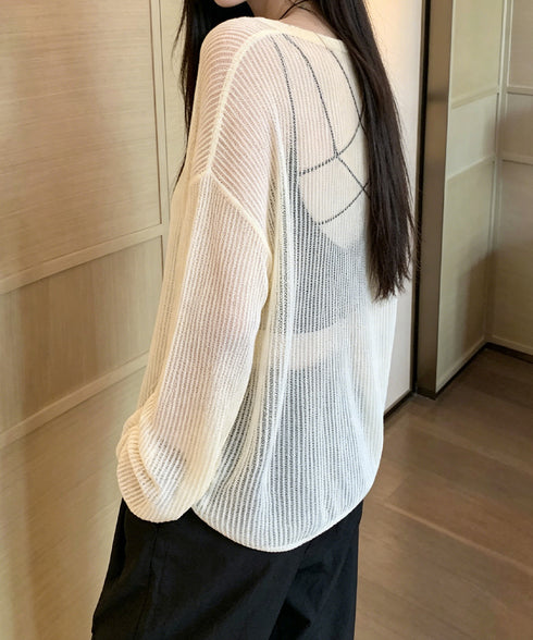 透かし編みトップス ゆったりプルオーバー Vネックメッシュニットトップス 重ね着 レディース 長袖薄手サマーニット 韓国風 体型カバー ルーズシルエットカットソー 89HAO-001