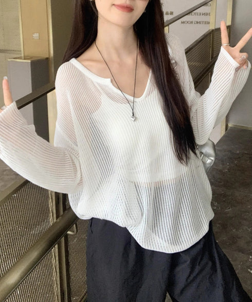 透かし編みトップス ゆったりプルオーバー Vネックメッシュニットトップス 重ね着 レディース 長袖薄手サマーニット 韓国風 体型カバー ルーズシルエットカットソー 89HAO-001