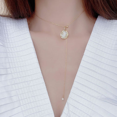 ネックレス チェーン パール ゴールド 韓国風 きらきら ラインストーン 可愛い レディース 上品 貝殻 輝く 結婚式 89HUAY-001