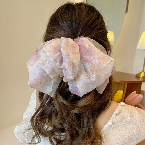 ビッグリボンバレッタ韓国ヘアアクセサリー 花柄 シフォンバレッタ 大きめリボン 髪飾り 蝶々結び 大人可愛い まとめ髪カジュアル女子会 おしゃれ 流行りタイダイ柄 89HXUAN-001