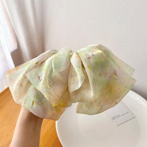 ビッグリボンバレッタ韓国ヘアアクセサリー 花柄 シフォンバレッタ 大きめリボン 髪飾り 蝶々結び 大人可愛い まとめ髪カジュアル女子会 おしゃれ 流行りタイダイ柄 89HXUAN-001