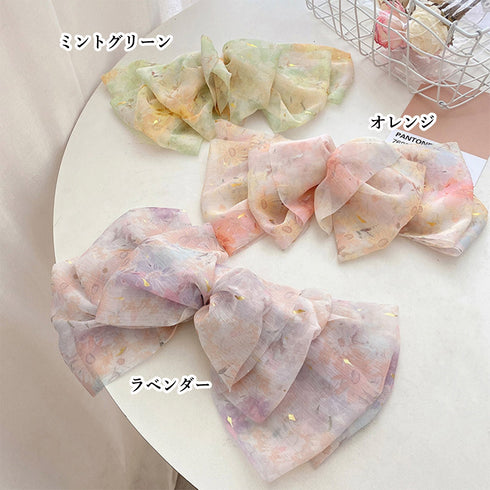 ビッグリボンバレッタ韓国ヘアアクセサリー 花柄 シフォンバレッタ 大きめリボン 髪飾り 蝶々結び 大人可愛い まとめ髪カジュアル女子会 おしゃれ 流行りタイダイ柄 89HXUAN-001