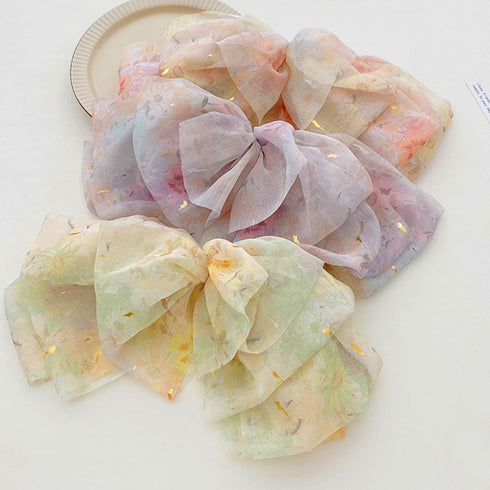 ビッグリボンバレッタ韓国ヘアアクセサリー 花柄 シフォンバレッタ 大きめリボン 髪飾り 蝶々結び 大人可愛い まとめ髪カジュアル女子会 おしゃれ 流行りタイダイ柄 89HXUAN-001