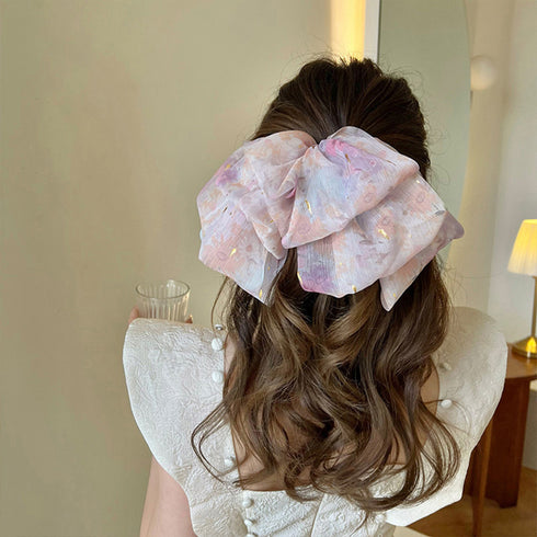 ビッグリボンバレッタ韓国ヘアアクセサリー 花柄 シフォンバレッタ 大きめリボン 髪飾り 蝶々結び 大人可愛い まとめ髪カジュアル女子会 おしゃれ 流行りタイダイ柄 89HXUAN-001