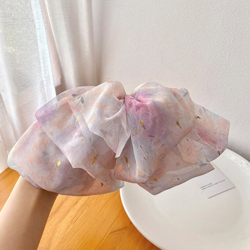 ビッグリボンバレッタ韓国ヘアアクセサリー 花柄 シフォンバレッタ 大きめリボン 髪飾り 蝶々結び 大人可愛い まとめ髪カジュアル女子会 おしゃれ 流行りタイダイ柄 89HXUAN-001