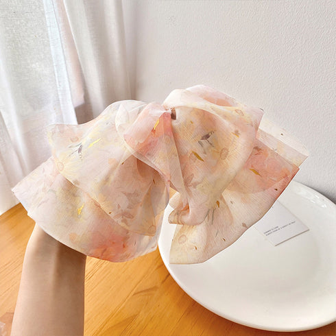 ビッグリボンバレッタ韓国ヘアアクセサリー 花柄 シフォンバレッタ 大きめリボン 髪飾り 蝶々結び 大人可愛い まとめ髪カジュアル女子会 おしゃれ 流行りタイダイ柄 89HXUAN-001