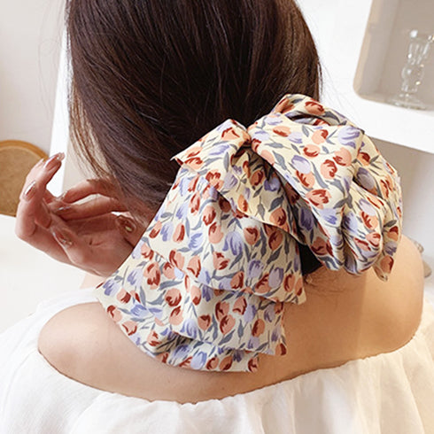 ビッグリボンバレッタ韓国ヘアアクセサリー 花柄バレッタ 大きめリボン 髪飾り 蝶々結び 大人可愛い まとめ髪 オフィスカジュアル女子会 おしゃれ 髪留め 流行り 89HXUAN-003