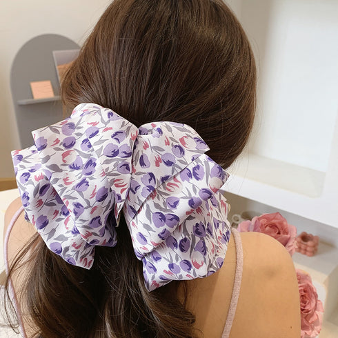 ビッグリボンバレッタ韓国ヘアアクセサリー 花柄バレッタ 大きめリボン 髪飾り 蝶々結び 大人可愛い まとめ髪 オフィスカジュアル女子会 おしゃれ 髪留め 流行り 89HXUAN-003