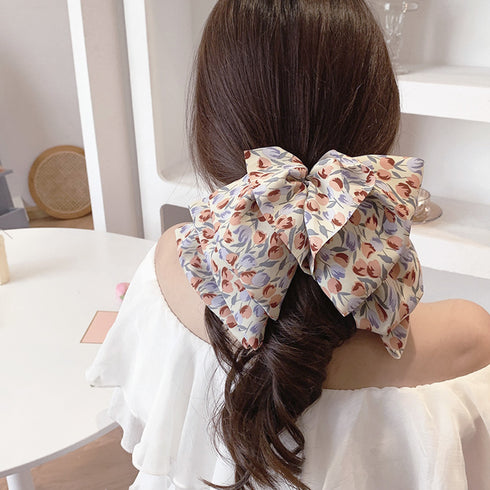 ビッグリボンバレッタ韓国ヘアアクセサリー 花柄バレッタ 大きめリボン 髪飾り 蝶々結び 大人可愛い まとめ髪 オフィスカジュアル女子会 おしゃれ 髪留め 流行り 89HXUAN-003
